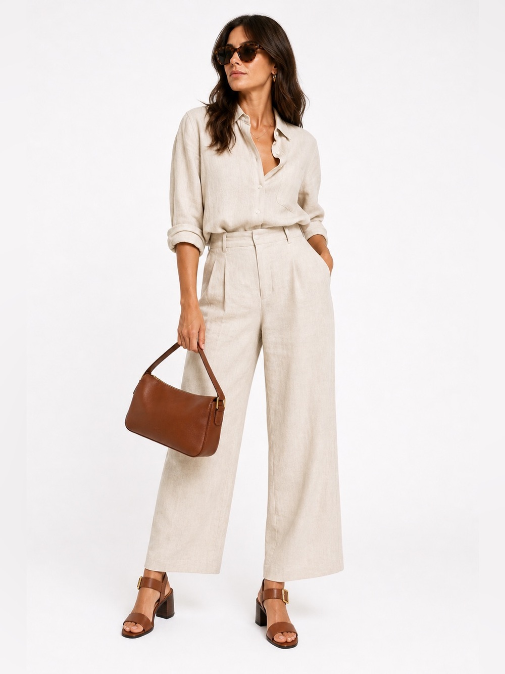 Munro Tan Leather Block Heel Sandals with Gold Buckle